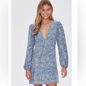 NWT forever 21 blue floral print long sleeve mini dress size medium (M) New!